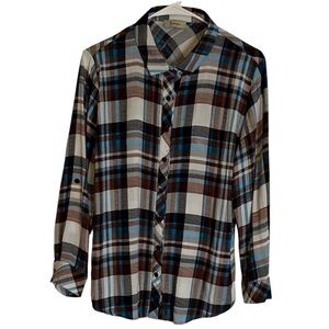 TOOMI Plaid Button Front Shirt, Women’s XL, White Brown Teal